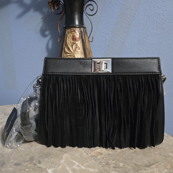 INC International Concepts Pixee Black Fringe Crossbody Handbag NWT - Picture 1 of 13